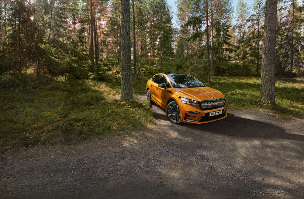 Orange Skoda parkerad i skogen