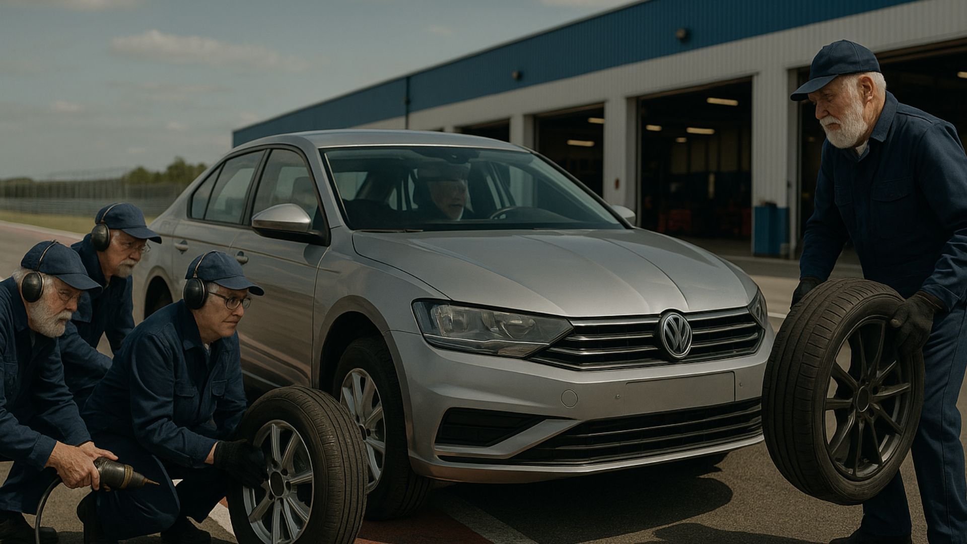 Flera personer servar en bil